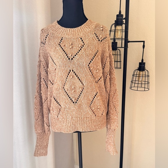 LOFT Marled Tan Pointelle Knit Sweater WomensLarge Pullover Chunky Cozy Knit Top - Picture 1 of 7